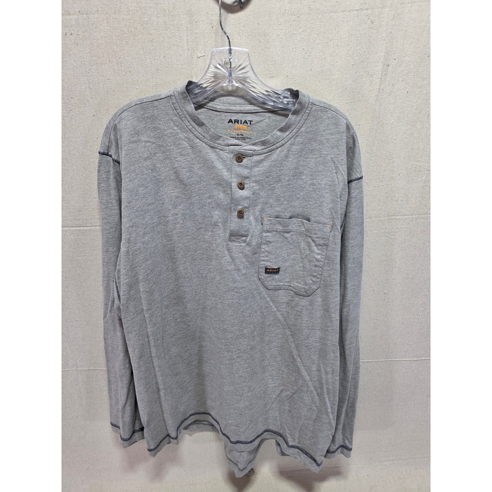 Ariat Rebar Mens XL Long Sleeve Henley Shirt Gray Workwear Pocket Tee 2890